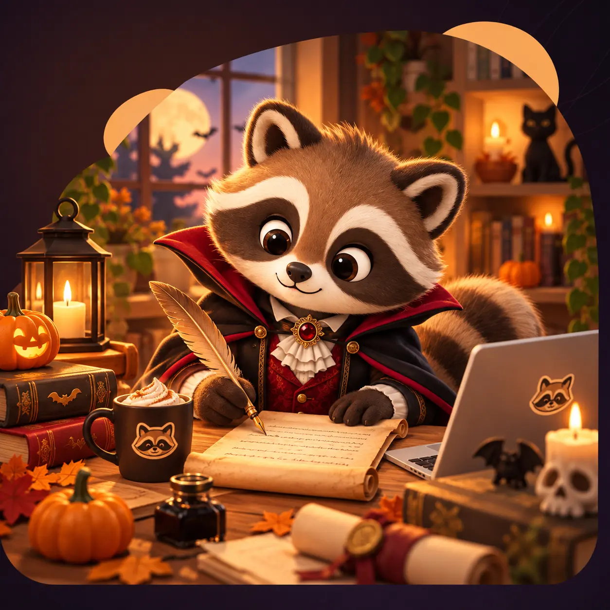 Mapache de Racoonity vestido de Drácula escribiendo en un pergamino